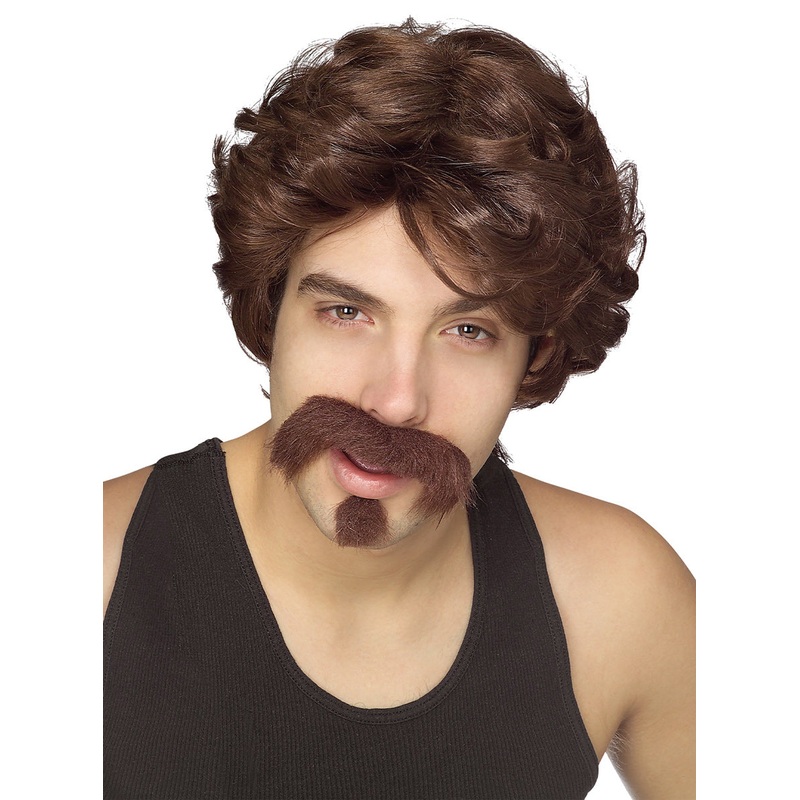 Big Jon Mens Brown 80s Costume Wig And Moustache Set