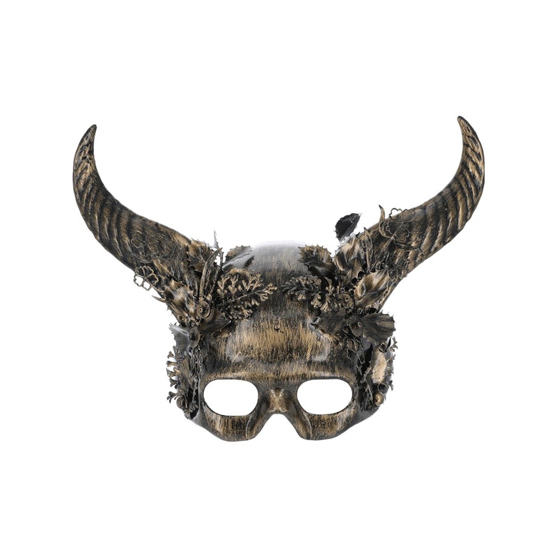 Gold Brushed Adults Masquerade Mask with Horns and Leaves