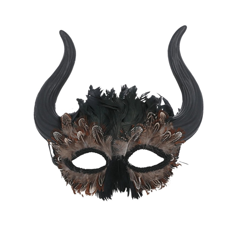 Horned Adults Black Masquerade Mask with Feathers
