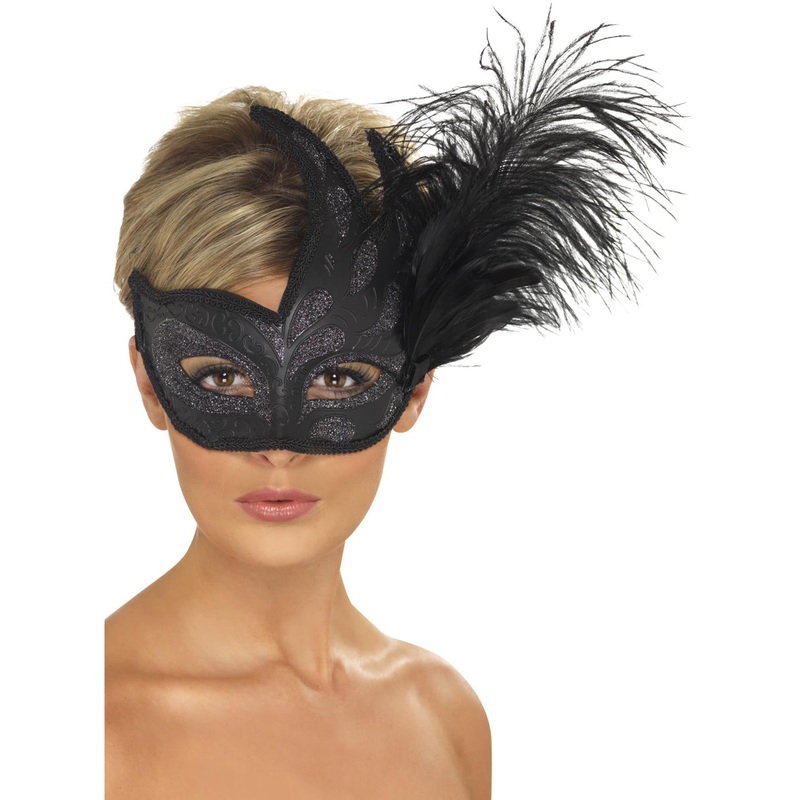 Side Feather Womens Black Glittery Columbia Masquerade Mask