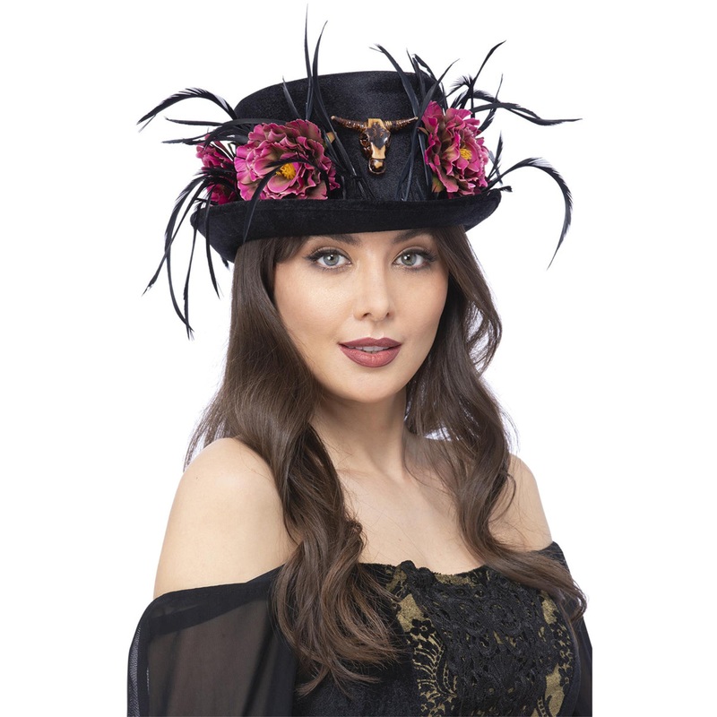 Black Womens Halloween Top Hat with Flowers and Bronze Ram Skull