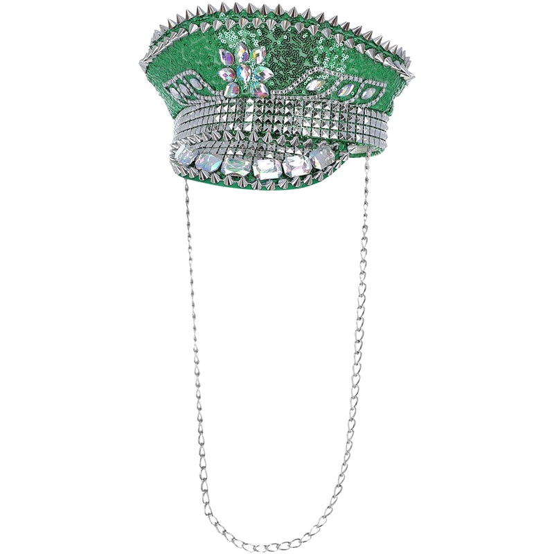 Deluxe Sequined Green Festival Hat with Jewels and Studs
