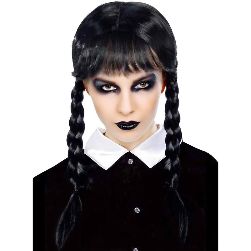 Gothic Girl Black Plaits Womens Costume Wig