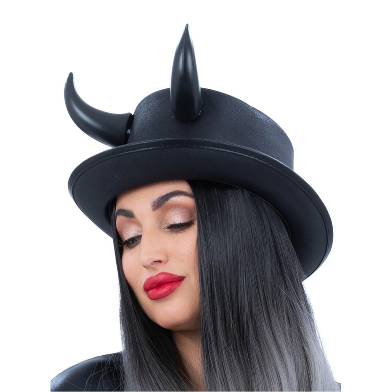 Deluxe Black Devil Halloween Top Hat with Horns
