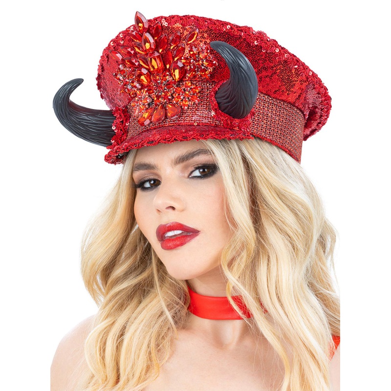 Deluxe Red Devil Sequin Festival Hat with Black Horns